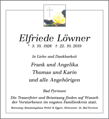 Traueranzeige von Elfriede Löwner von Deister- und Weserzeitung