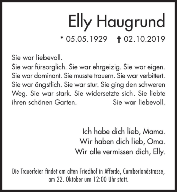 Traueranzeige von Elly Haugrund von Deister- und Weserzeitung