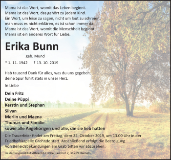 Traueranzeige von Erika Bunn von Deister- und Weserzeitung
