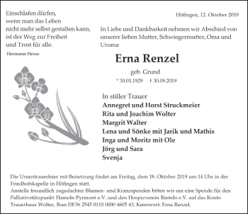 Traueranzeige von Erna Renzel von Deister- und Weserzeitung