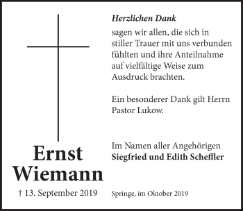 Traueranzeige von Ernst Wiemann von Neue Deister-Zeitung