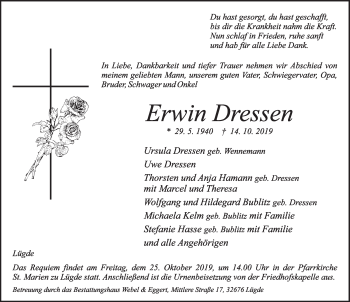 Traueranzeige von Erwin Dressen von Deister- und Weserzeitung