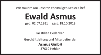 Traueranzeige von Ewald Asmus von Deister- und Weserzeitung