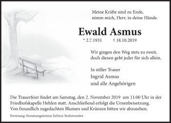 Traueranzeige von Ewald Asmus von Deister- und Weserzeitung