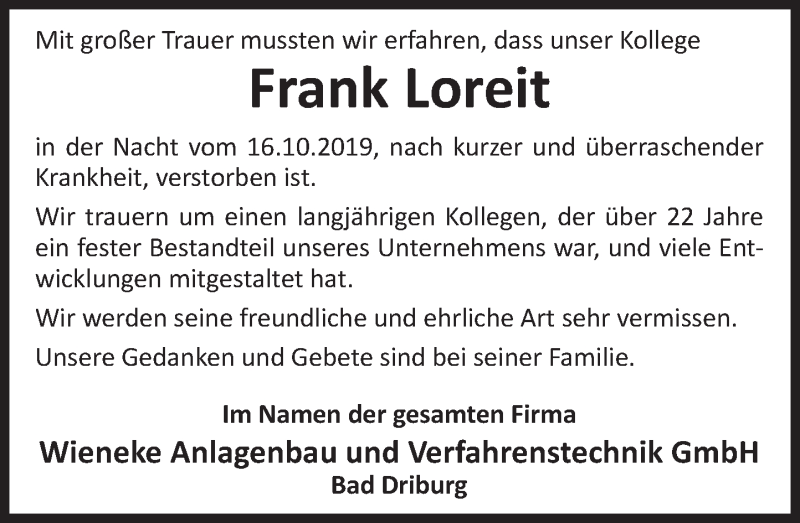  Traueranzeige für Frank Loreit vom 26.10.2019 aus Deister- und Weserzeitung