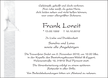 Traueranzeige von Frank Loreit von Deister- und Weserzeitung