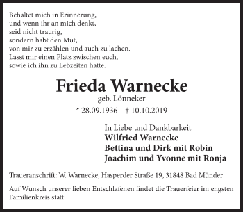 Traueranzeige von Frieda Warnecke von Deister- und Weserzeitung