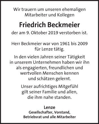 Traueranzeige von Friedrich Beckmeier von Deister- und Weserzeitung