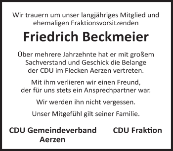 Traueranzeige von Friedrich Beckmeier von Deister- und Weserzeitung