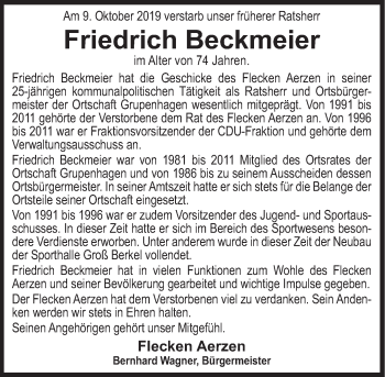 Traueranzeige von Friedrich Beckmeier von Deister- und Weserzeitung