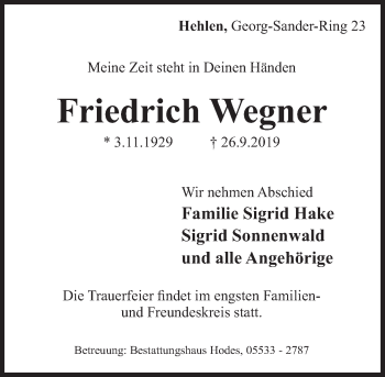 Traueranzeige von Friedrich Wegner von Deister- und Weserzeitung