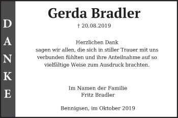 Traueranzeige von Gerda Bradler von Neue Deister-Zeitung