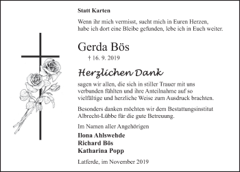 Traueranzeige von Gerda Bös von Deister- und Weserzeitung