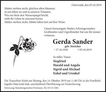 Traueranzeige von Gerda Sander von Deister- und Weserzeitung