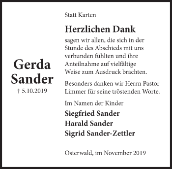 Traueranzeige von Gerda Sander von Deister- und Weserzeitung