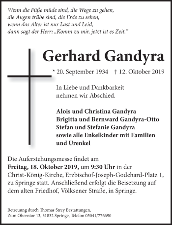 Traueranzeige von Gerhard Gandyra von Neue Deister-Zeitung