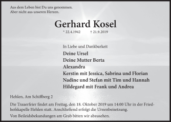 Traueranzeige von Gerhard Kosel von Deister- und Weserzeitung