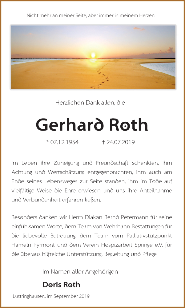  Traueranzeige für Gerhard Roth vom 09.10.2019 aus 