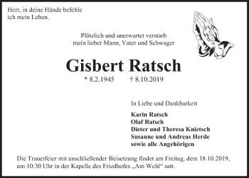 Traueranzeige von Gisbert Ratsch von Deister- und Weserzeitung