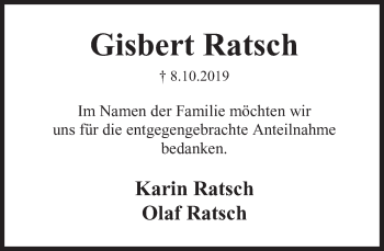 Traueranzeige von Gisbert Ratsch von Deister- und Weserzeitung