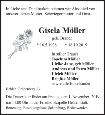 Traueranzeige von Gisela Möller von Deister- und Weserzeitung