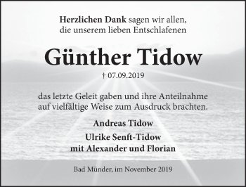 Traueranzeige von Günther Tidow von Neue Deister-Zeitung