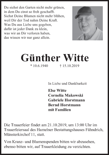 Traueranzeige von Günther Witte von Deister- und Weserzeitung