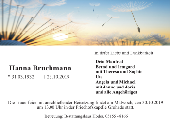 Traueranzeige von Hanna Bruchmann von Deister- und Weserzeitung
