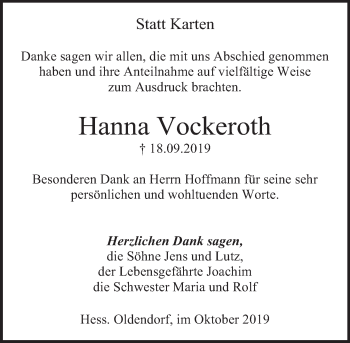 Traueranzeige von Hanna Vockeroth von Deister- und Weserzeitung