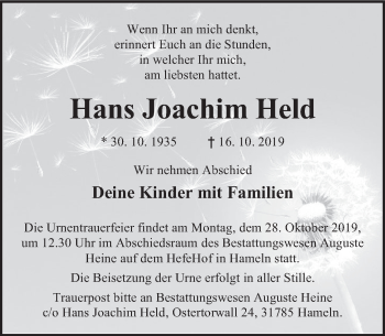 Traueranzeige von Hans Joachim Held von Deister- und Weserzeitung
