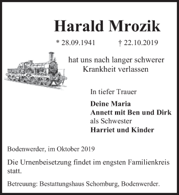 Traueranzeige von Harald Mrozik von Deister- und Weserzeitung