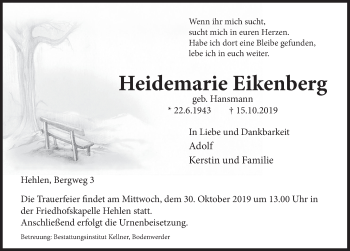 Traueranzeige von Heidemarie Eikenberg von Deister- und Weserzeitung