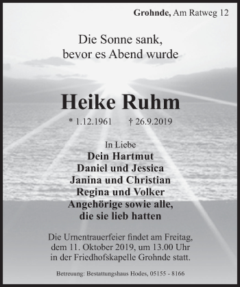 Traueranzeige von Heike Ruhm von Deister- und Weserzeitung