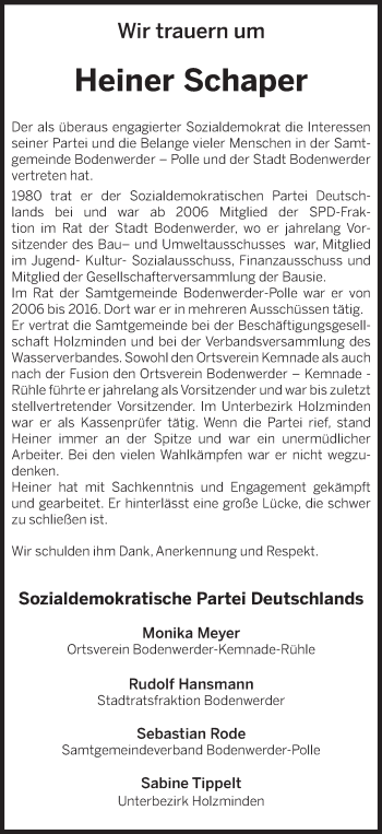 Traueranzeige von Heiner Schaper von Deister- und Weserzeitung