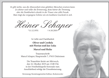 Traueranzeige von Heiner Schaper von Deister- und Weserzeitung