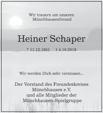 Traueranzeige von Heiner Schaper von Deister- und Weserzeitung