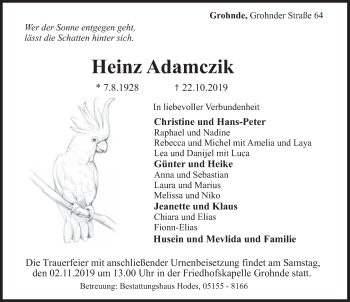 Traueranzeige von Heinz Adamczik von Deister- und Weserzeitung