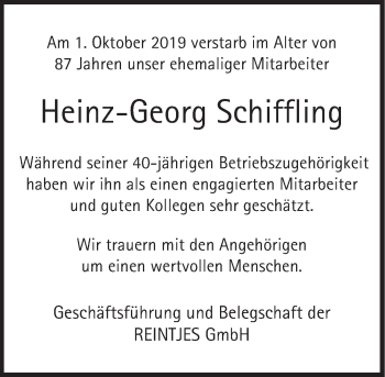 Traueranzeige von Heinz-Georg Schiffling von Deister- und Weserzeitung