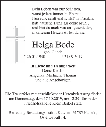 Traueranzeige von Helga Bode von Deister- und Weserzeitung