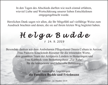 Traueranzeige von Helga Budde von Deister- und Weserzeitung