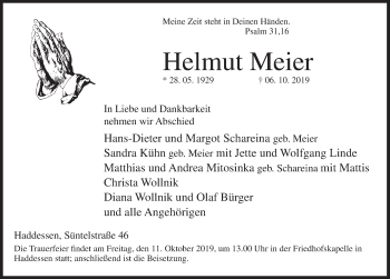 Traueranzeige von Helmut Meier von Deister- und Weserzeitung
