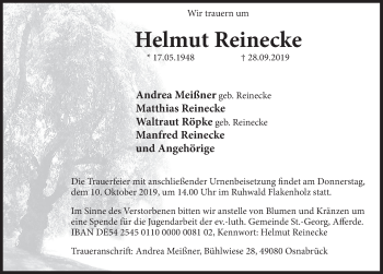 Traueranzeige von Helmut Reinecke von Deister- und Weserzeitung