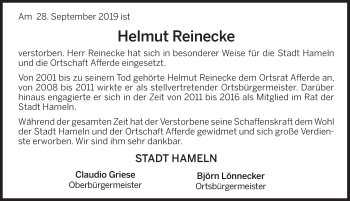 Traueranzeige von Helmut Reinecke von Deister- und Weserzeitung