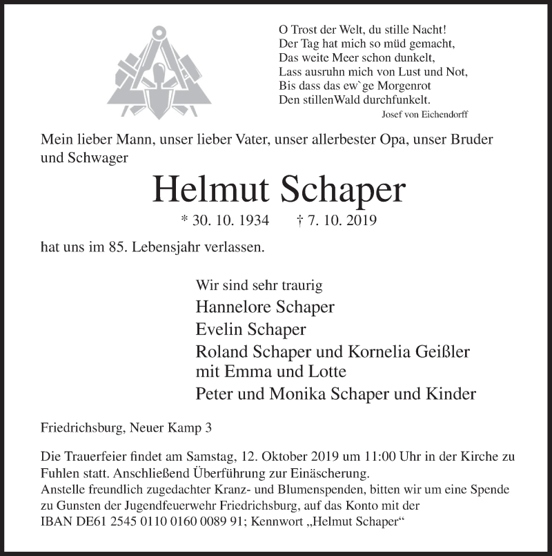  Traueranzeige für Helmut Schaper vom 10.10.2019 aus Deister- und Weserzeitung