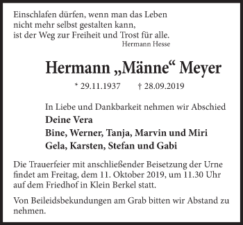 Traueranzeige von Hermann  Meyer von Deister- und Weserzeitung