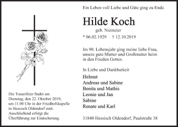 Traueranzeige von Hilde Koch von Deister- und Weserzeitung