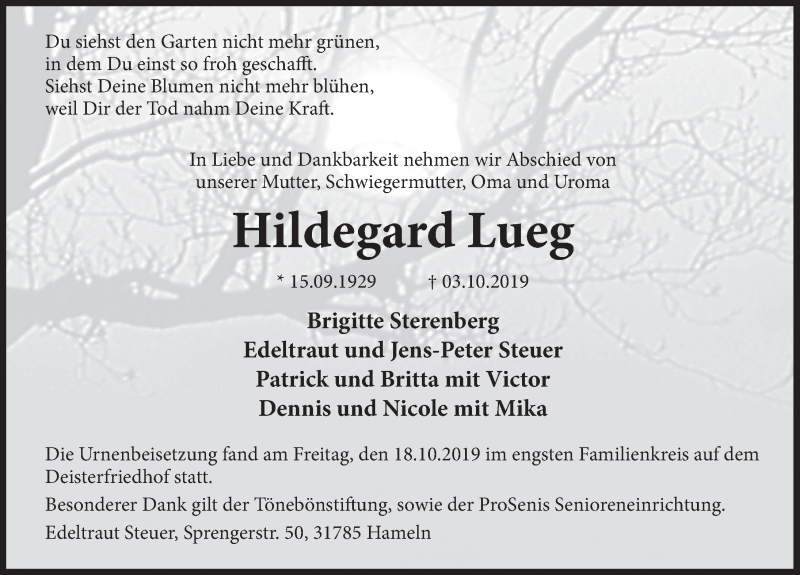  Traueranzeige für Hildegard Lueg vom 19.10.2019 aus Deister- und Weserzeitung