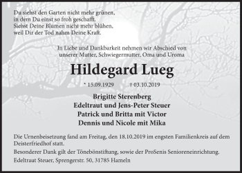 Traueranzeige von Hildegard Lueg von Deister- und Weserzeitung