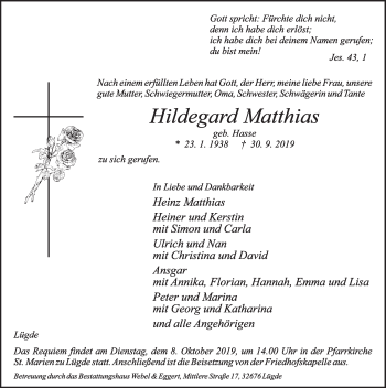 Traueranzeige von Hildegard Matthias von Deister- und Weserzeitung