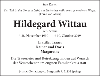 Traueranzeige von Hildegard Wittau von Neue Deister-Zeitung